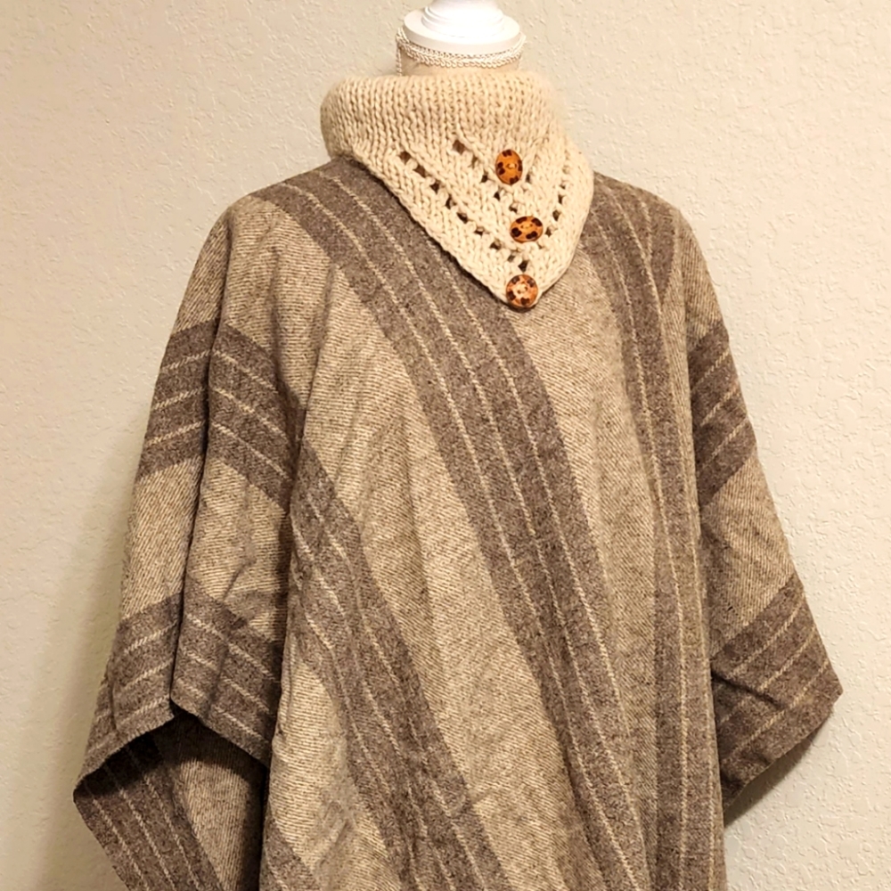 Wool Cowl Striped Poncho